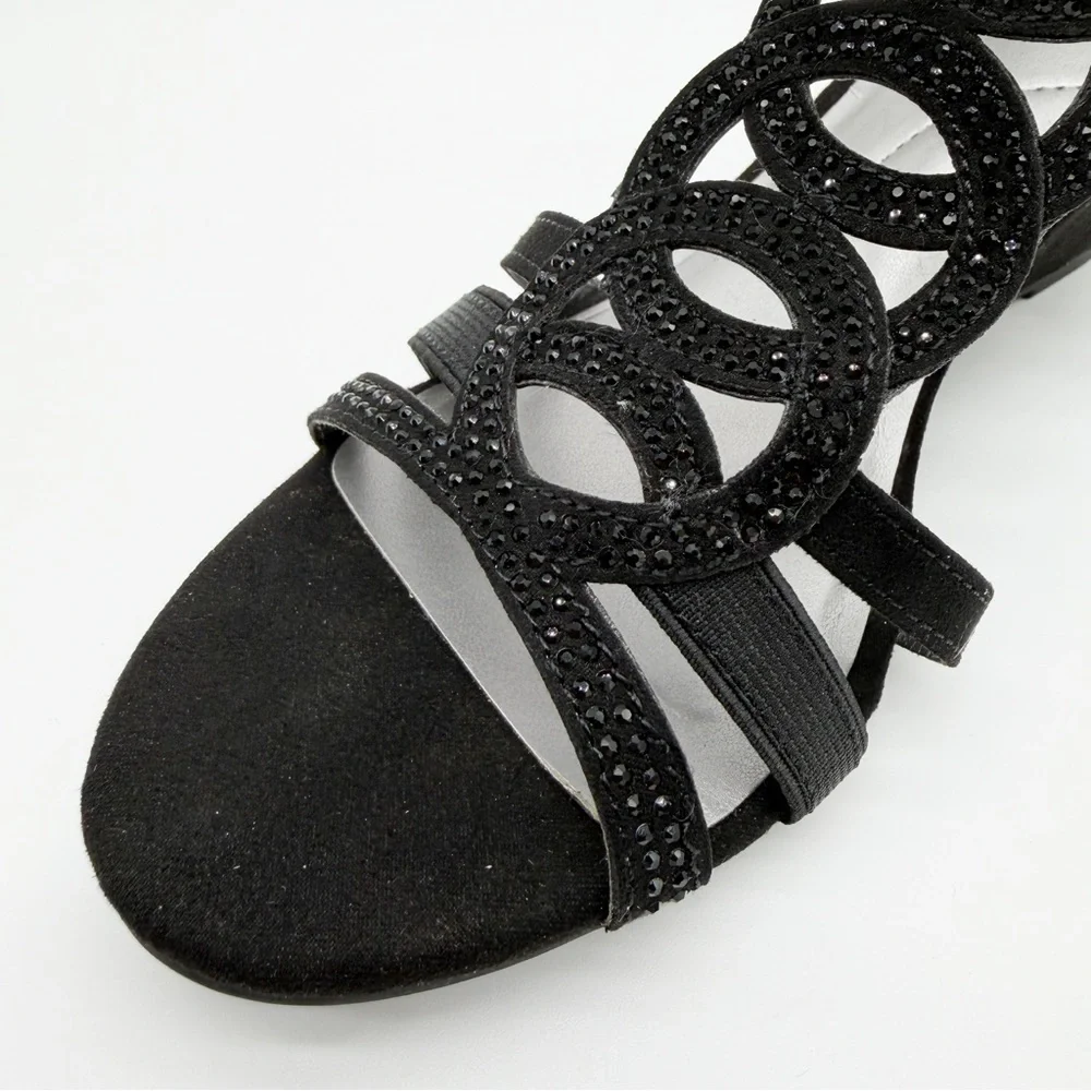 Jones New York Denice Embellished Strappy Wedge Sandal Elastic Ankle Black 8 NEW